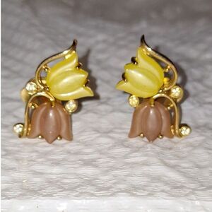 Vintage Molded Glass Tulip Earrings Clip On Frosted Rhinestone Costume Jewelry